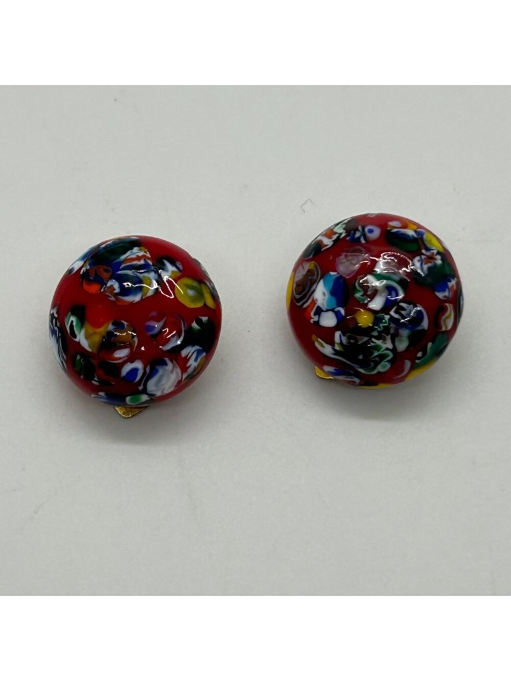 Millefiori Glass Clip-On Earrings Red Dome Multi-Color Mosaic Vintage